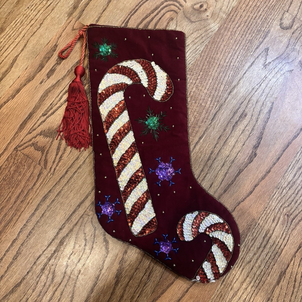 Velvet Christmas Stocking Sequin Candy Cane Snowflakes Tassel Beaded